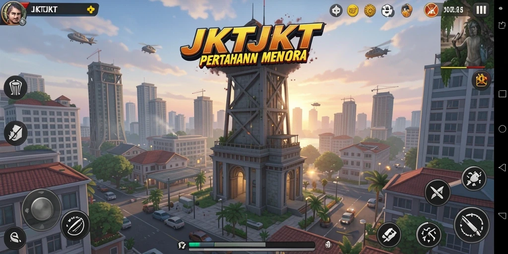 Screenshot gameplay JKTJKT menampilkan aksi menara pertahanan yang seru.