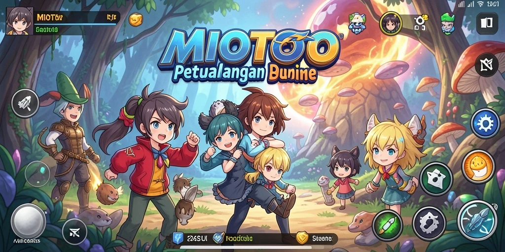 Screenshot gameplay <strong>MIOTOTO</strong> menunjukkan grafis anime yang menawan dan karakter-karakter yang menggemaskan.