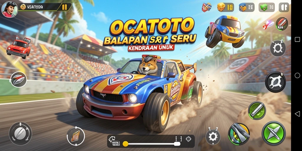 Screenshot gameplay OCATOTO menampilkan balapan seru di malam hari.
